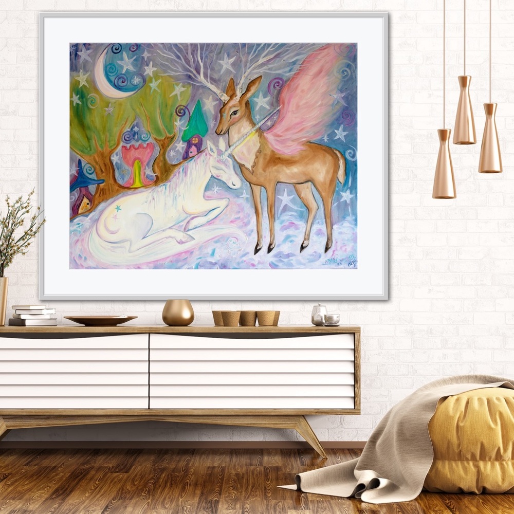 Land Whimsy Art Print unicorn fantasy fairytale castle enchanted trees moon star - Picture 6 of 7